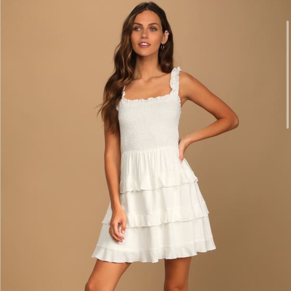 Lulus Super Sweet White Smocked Ruffled Tie-Back Mini Dress